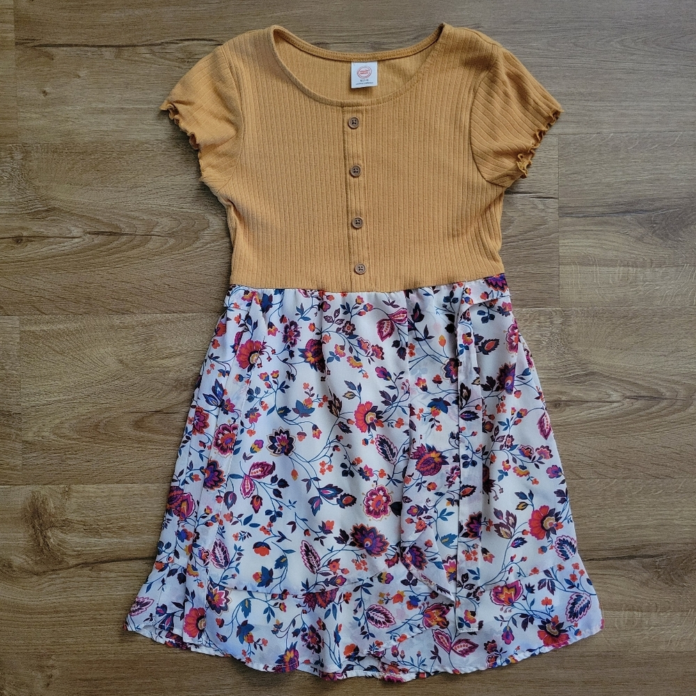 Spring Mustard Ribbed Top Floral Skirt Dress
